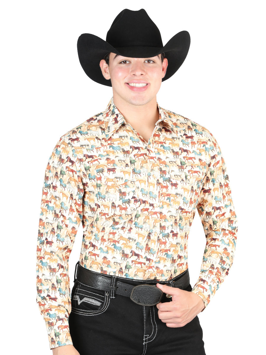 El General Men's Long Sleeve Western Fashion Snap Button Shirt - Khaki 44324