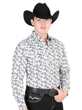 El General Men's Long Sleeve Western Fashion Snap Button Shirt - White/Grey 44325