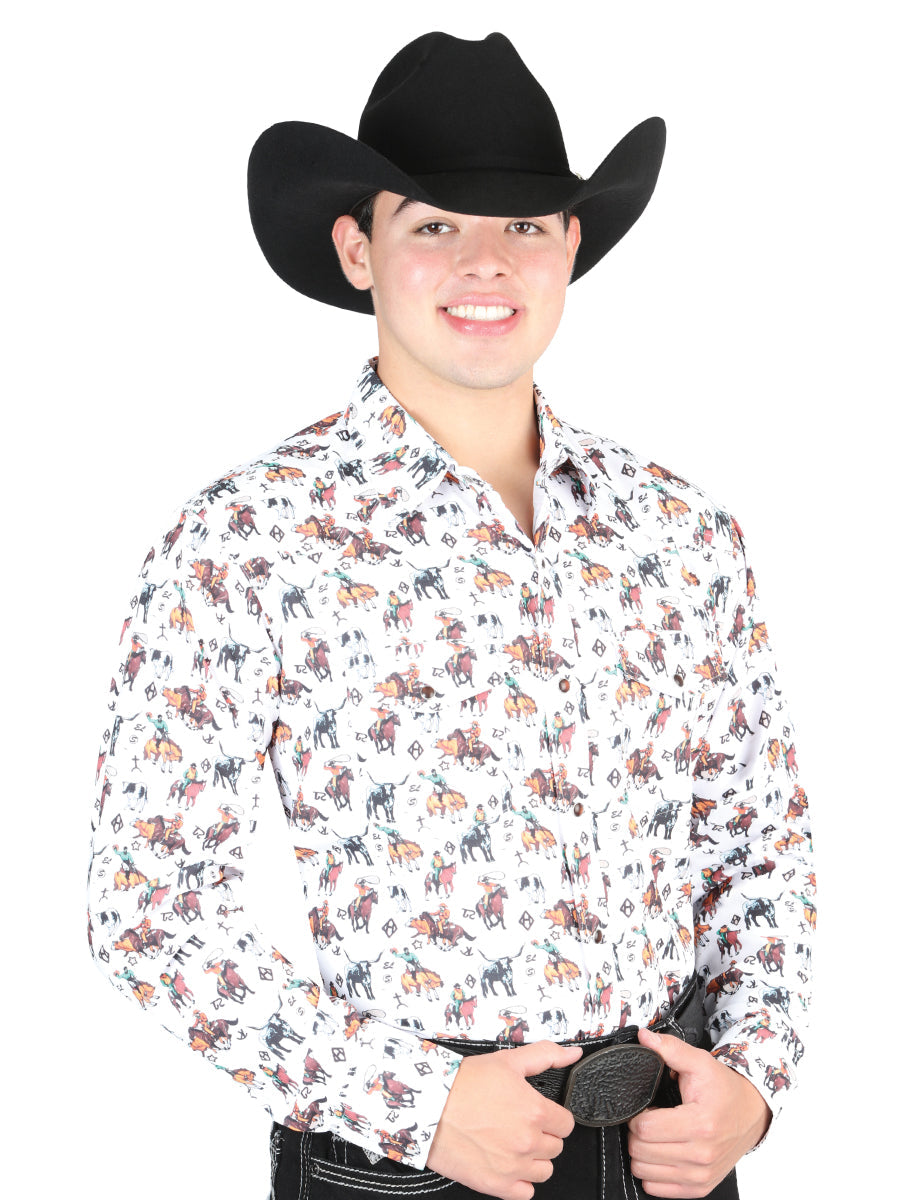 El General Men's Long Sleeve Western Fashion Snap Button Shirt - White 44326