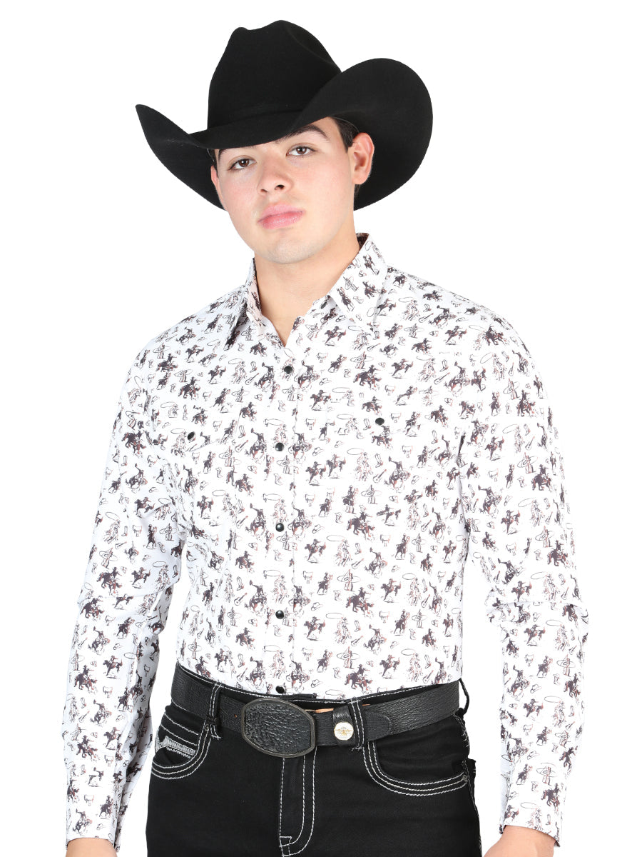 El General Men's Long Sleeve Western Fashion Snap Button Shirt - White/Multi 44327