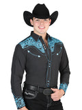 El General Men's Traditional Embroidered Western Charro Shirt - Black/Blue 44337