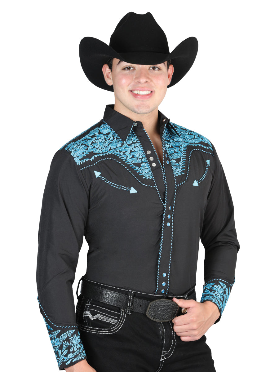 El General Men's Traditional Embroidered Western Charro Shirt - Black/Blue 44337