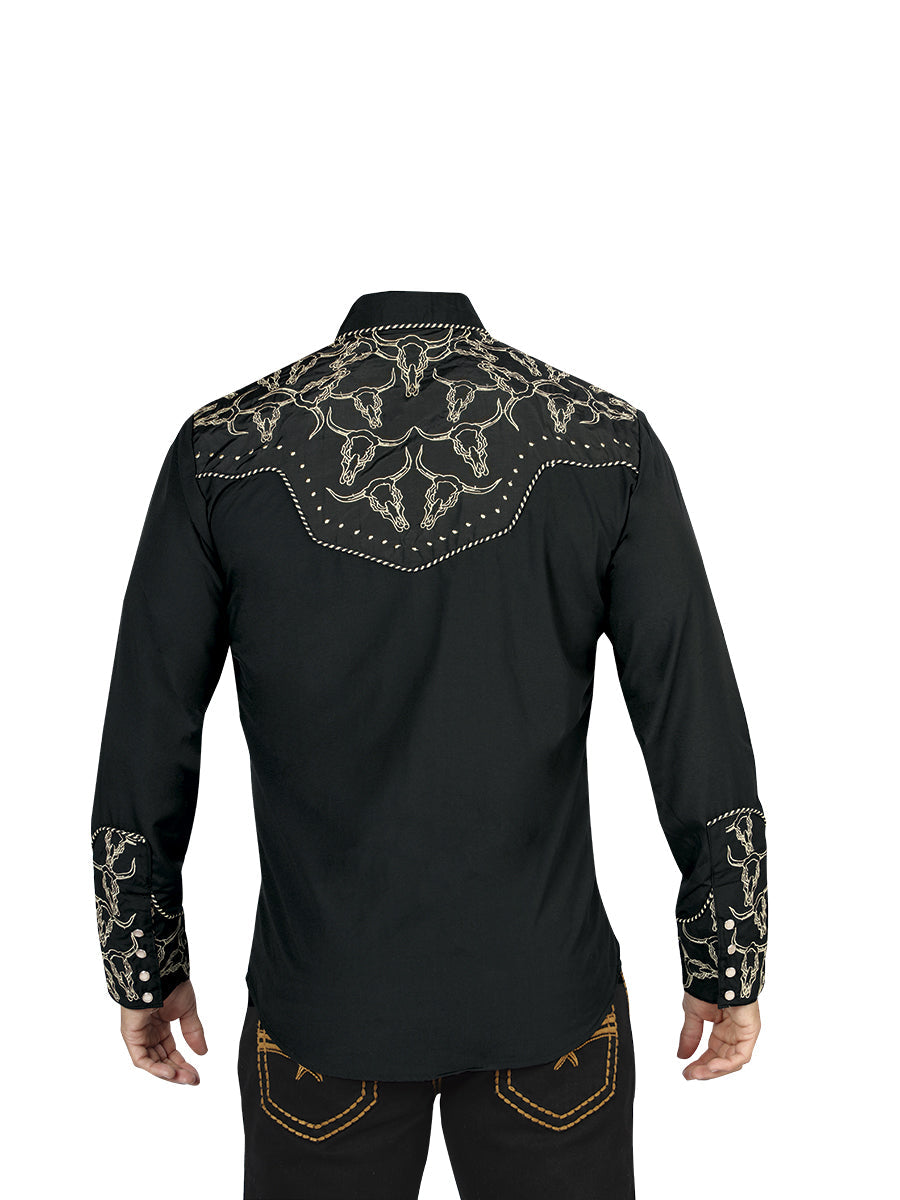 El General Men's Traditional Embroidered Western Charro Shirt - Black/Gold 44338 — view 2