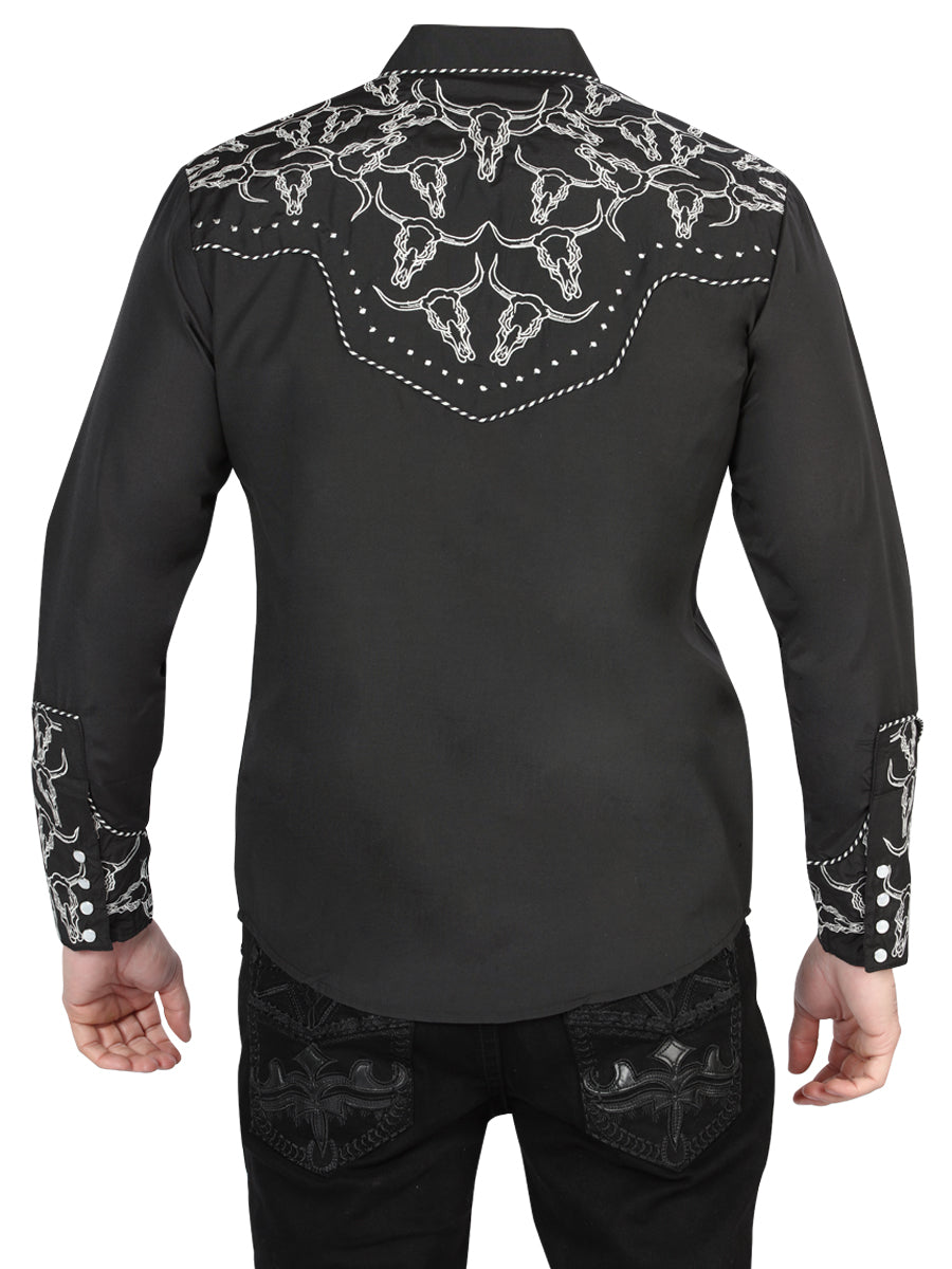 El General Men's Traditional Embroidered Western Charro Shirt - Black/White 44340 — view 2