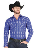 Men’s Long Sleeve Snap Button Western Shirt - Blue/White 44434