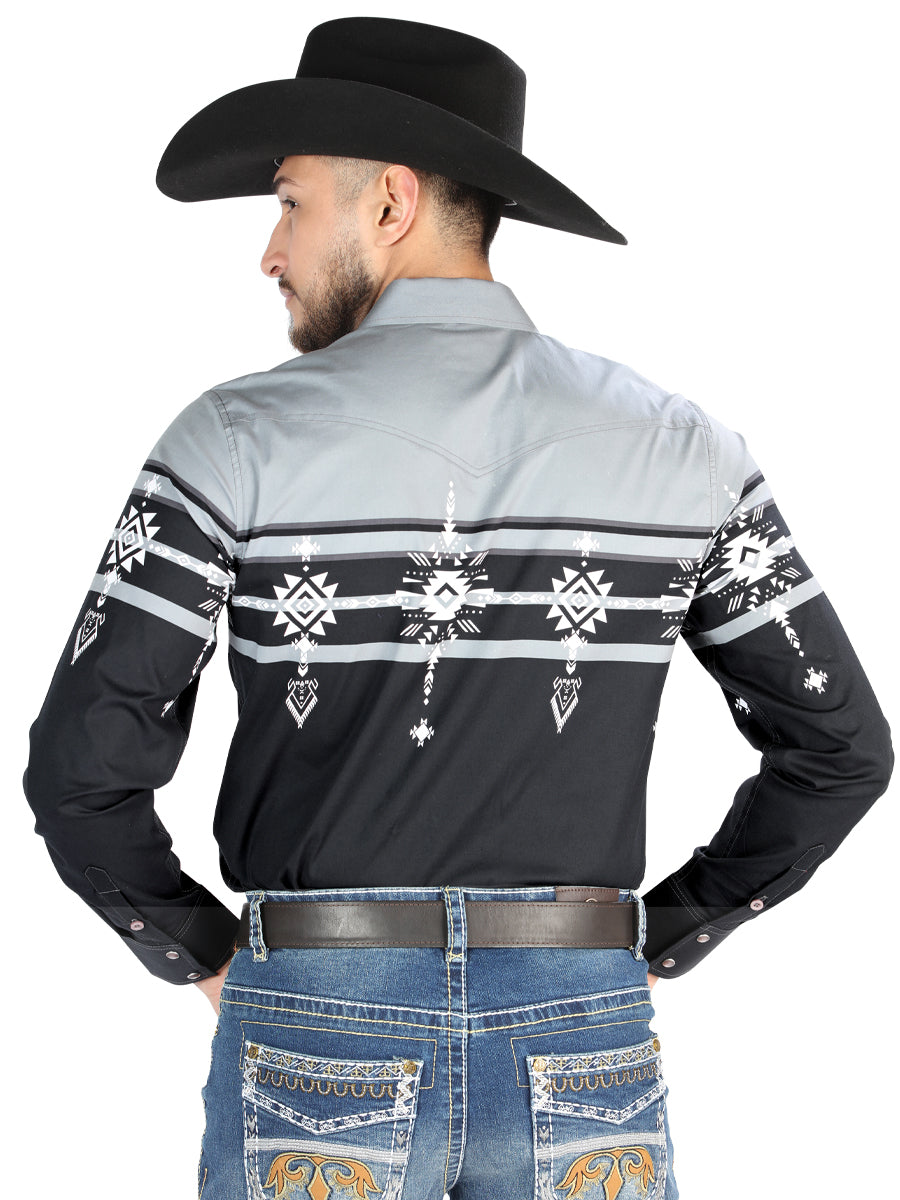 Men’s Long Sleeve Snap Button Western Shirt - Black/Gray 44452 — view 2
