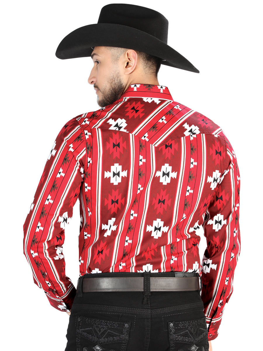 Men’s Long Sleeve Snap Button Western Shirt- Red 44472 — view 2