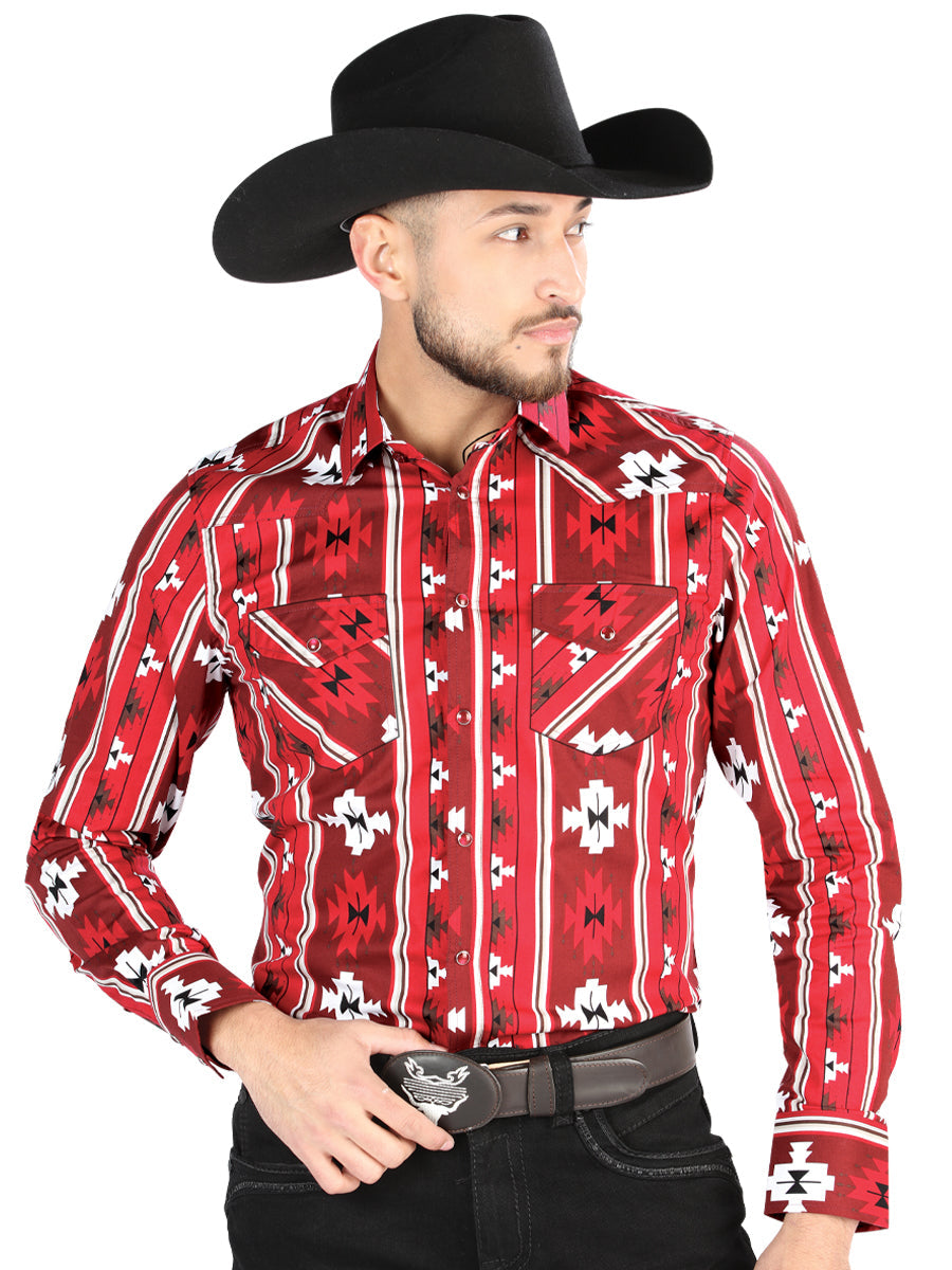 Men’s Long Sleeve Snap Button Western Shirt- Red 44472