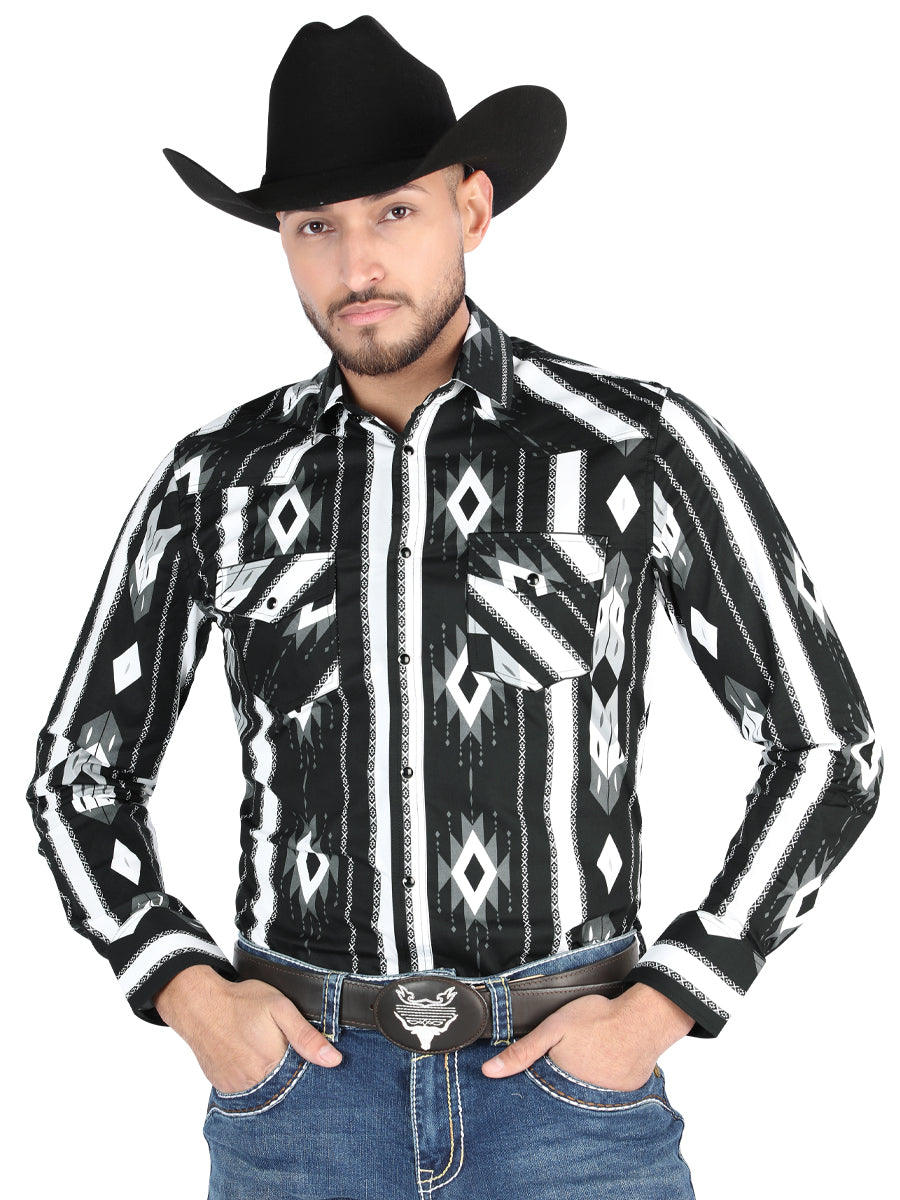 Men’s Long Sleeve Snap Button Western Shirt - Black 44475