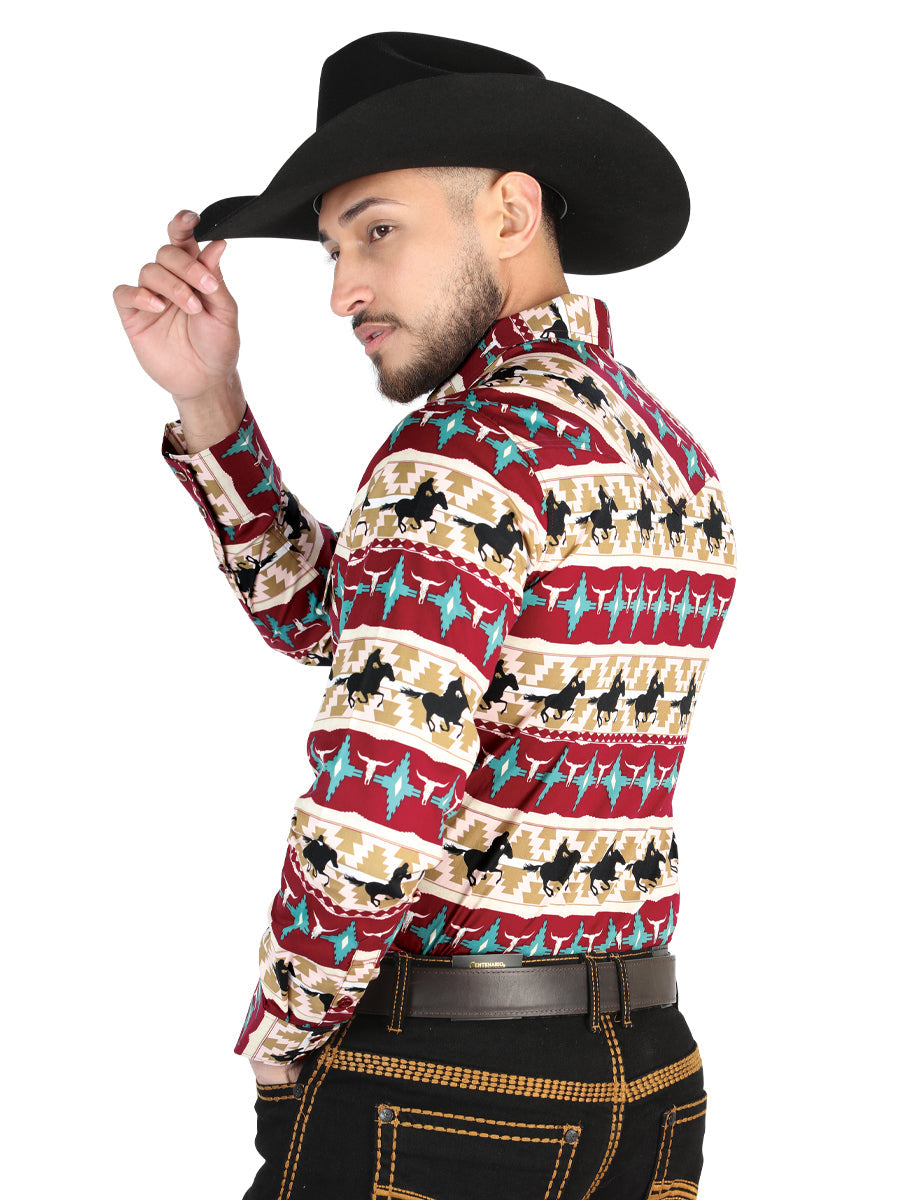 Men’s Long Sleeve Snap Button Western Shirt - Burgandy 44476 — view 2