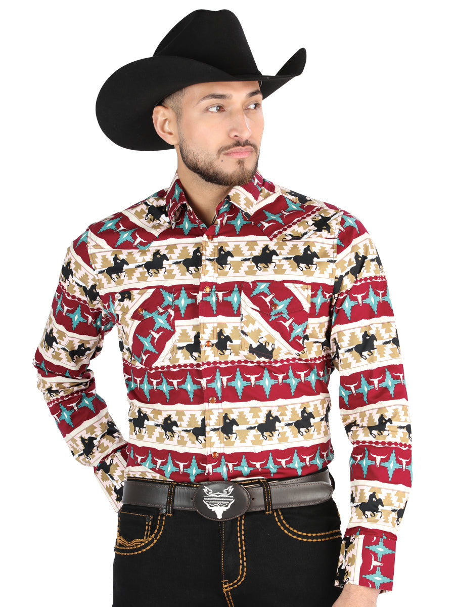 Men’s Long Sleeve Snap Button Western Shirt - Burgandy 44476