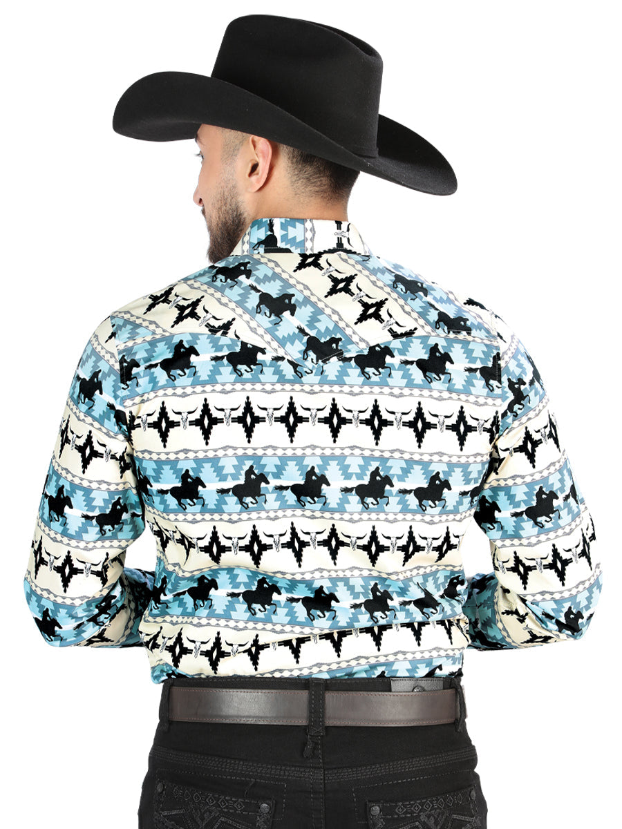Men’s Long Sleeve Snap Button Western Shirt - Ivory/Blue 44478 — view 2