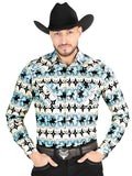 Men’s Long Sleeve Snap Button Western Shirt - Ivory/Blue 44478