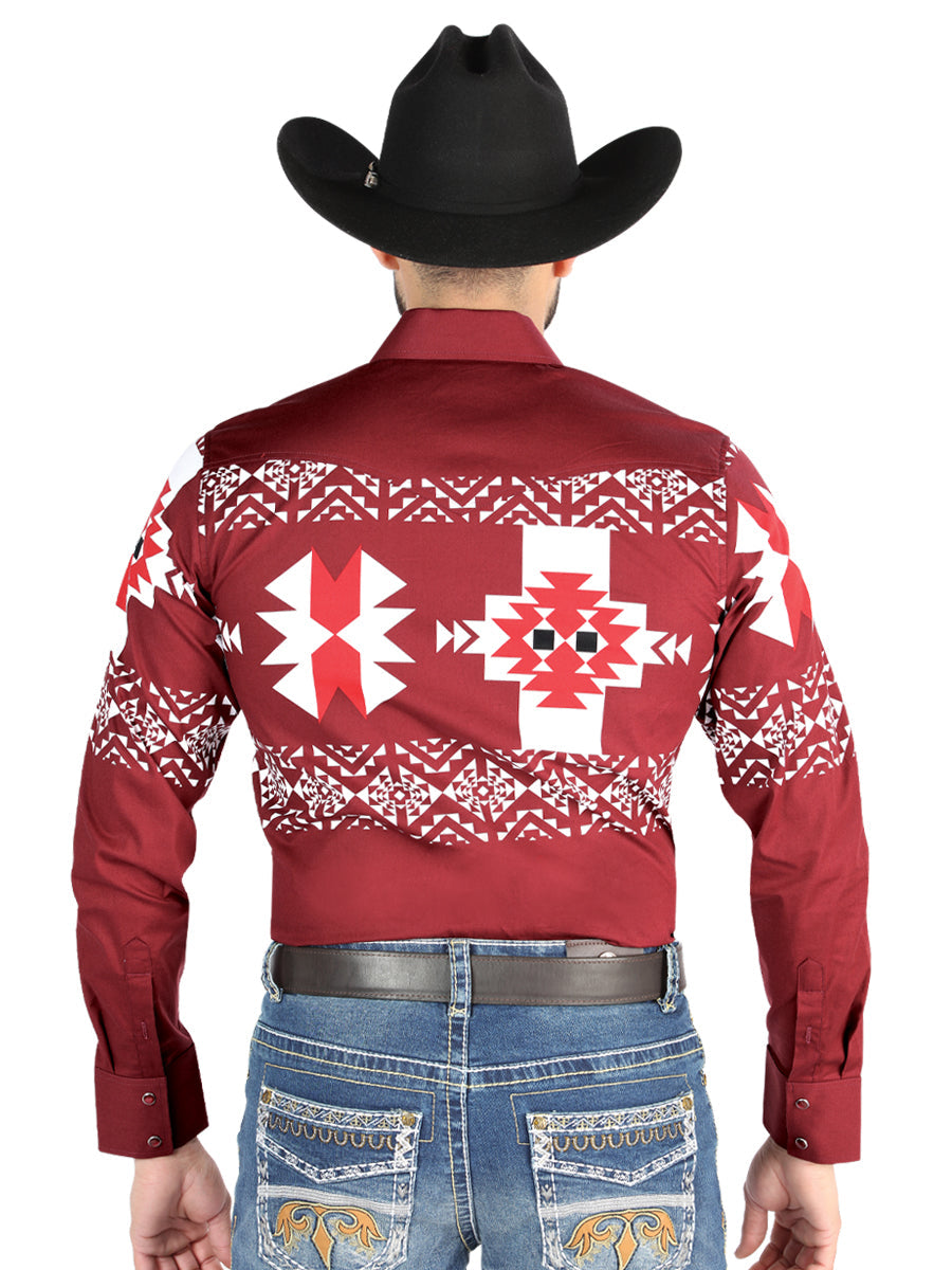Men’s Long Sleeve Snap Button Western Shirt - Burgundy 44484 — view 2