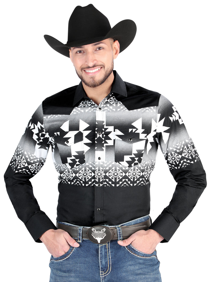 Men’s Long Sleeve Western Snap Button Shirt - Black 44485
