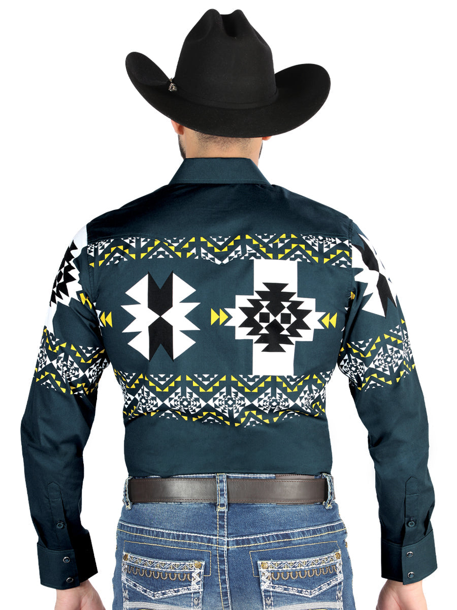 Men’s Long Sleeve Snap Button Western Shirt - Teal 44486 — view 2