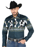 Men’s Long Sleeve Snap Button Western Shirt - Teal 44486