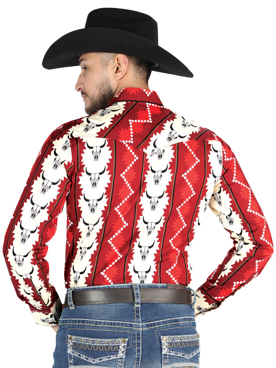 Men’s Long Sleeve Snap Button Western Shirt - Burgundy/Beige 44490 — view 2