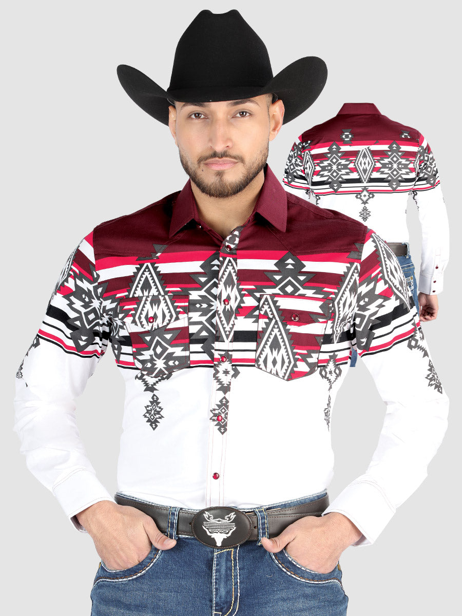 Men’s Long Sleeve Snap Button Western Shirt - White/Burgundy 44497 — view 3