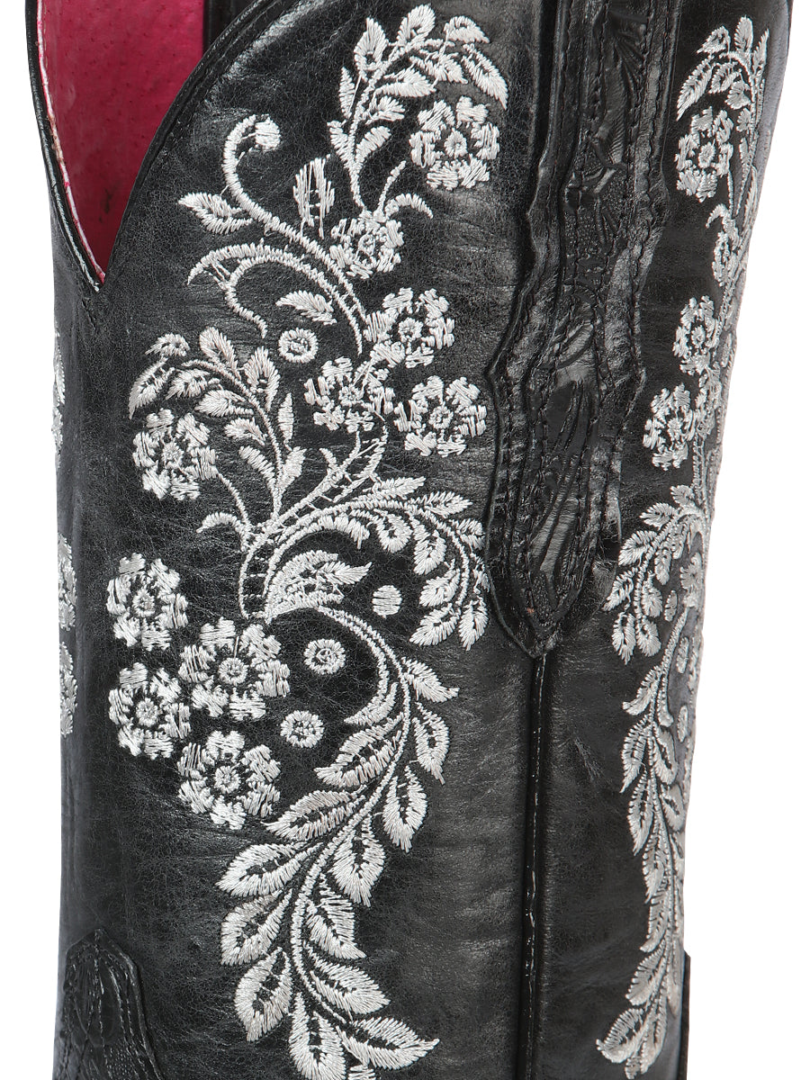 El General Women’s Leather Cowgirl Boots - Made in Mexico - Embossed Roses Black 44636 — view 2