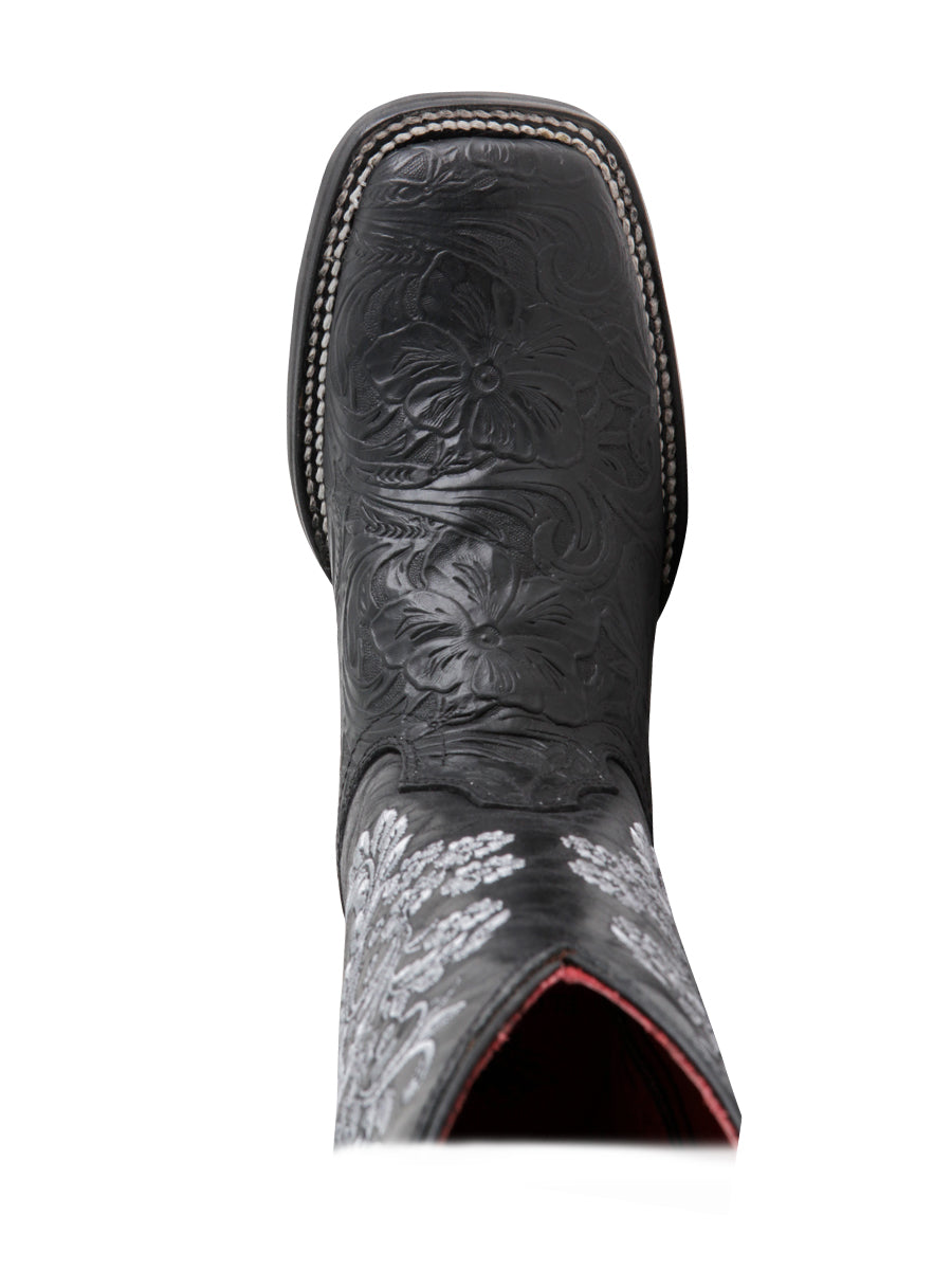 El General Women’s Leather Cowgirl Boots - Made in Mexico - Embossed Roses Black 44636 — view 3