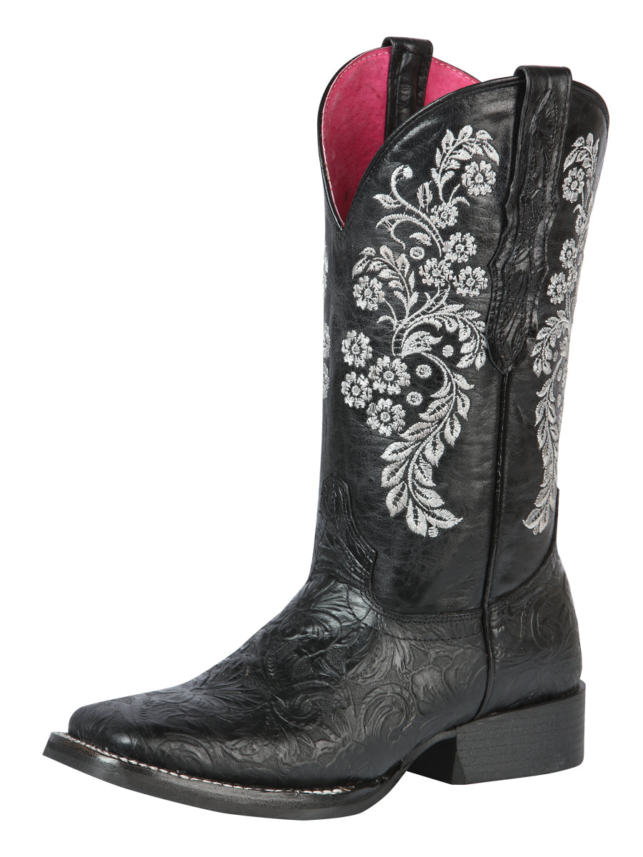 El General Women’s Leather Cowgirl Boots - Made in Mexico - Embossed Roses Black 44636