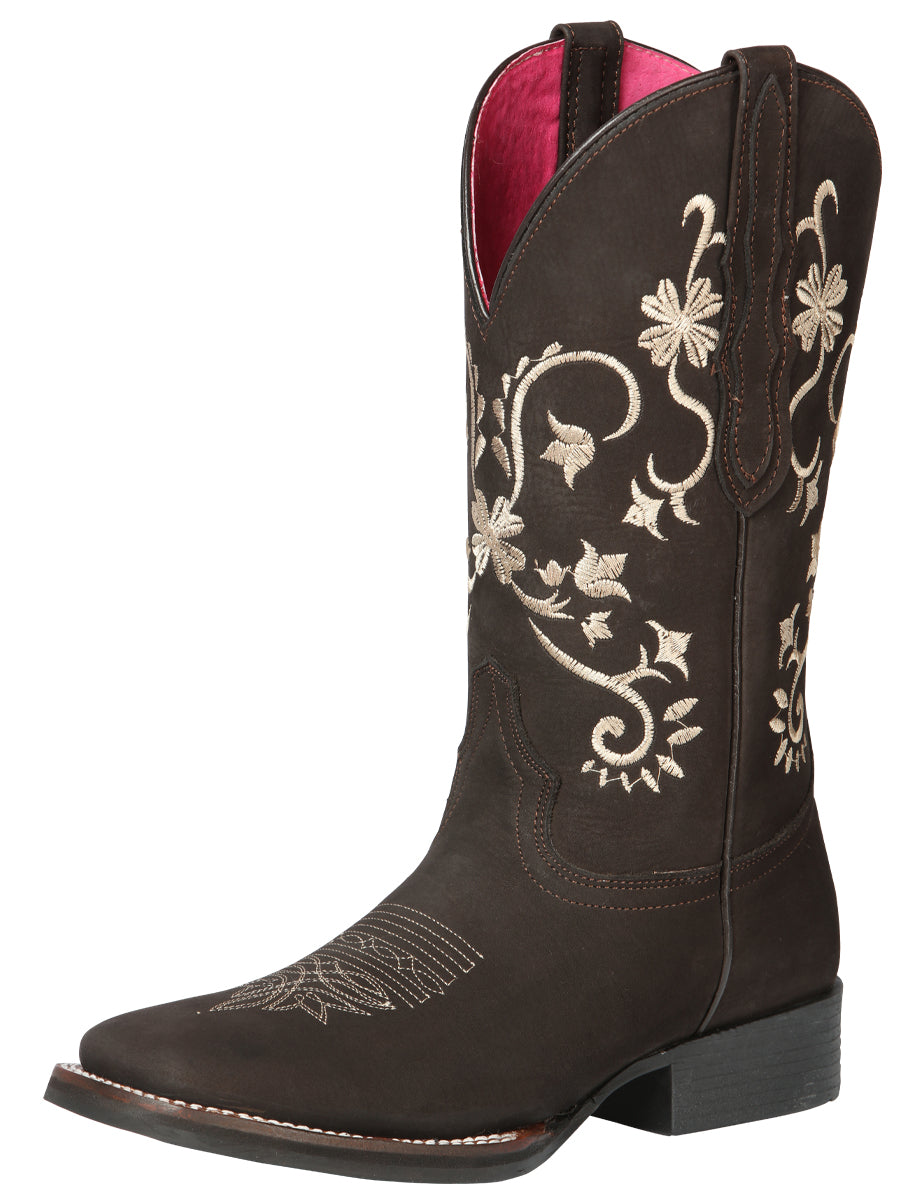 El General Women’s Leather Cowgirl Boots - Made in Mexico - Nubuck Brown 44642