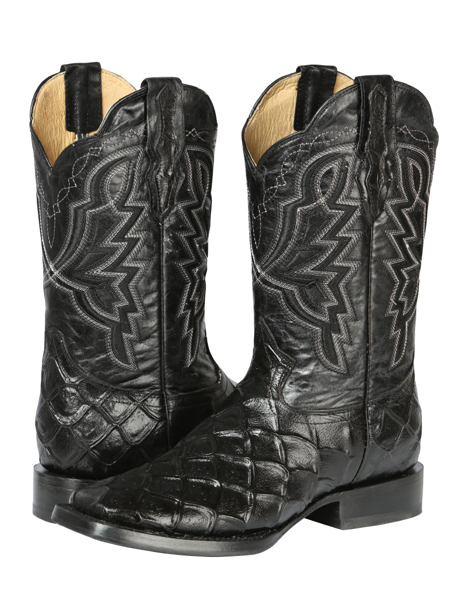 El General Men’s Leather Cowboy Boot - Made in Mexico - Embossed Pirarucu Print - Black 44663 — view 2