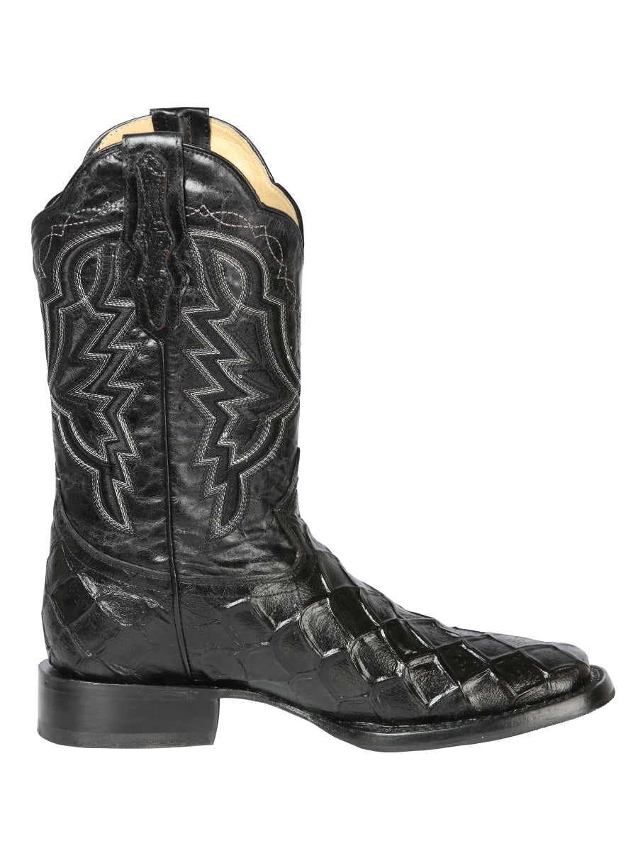 El General Men’s Leather Cowboy Boot - Made in Mexico - Embossed Pirarucu Print - Black 44663 — view 5
