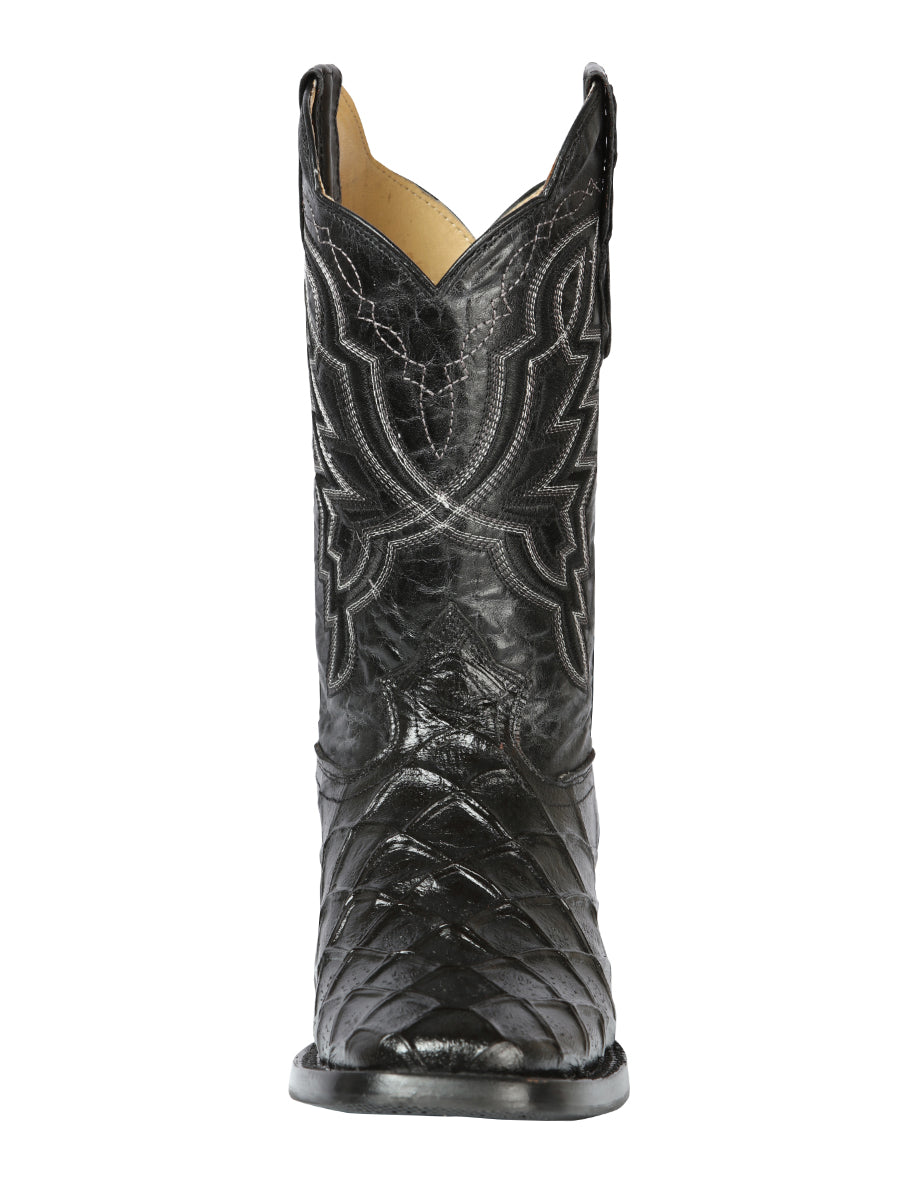 El General Men’s Leather Cowboy Boot - Made in Mexico - Embossed Pirarucu Print - Black 44663 — view 6