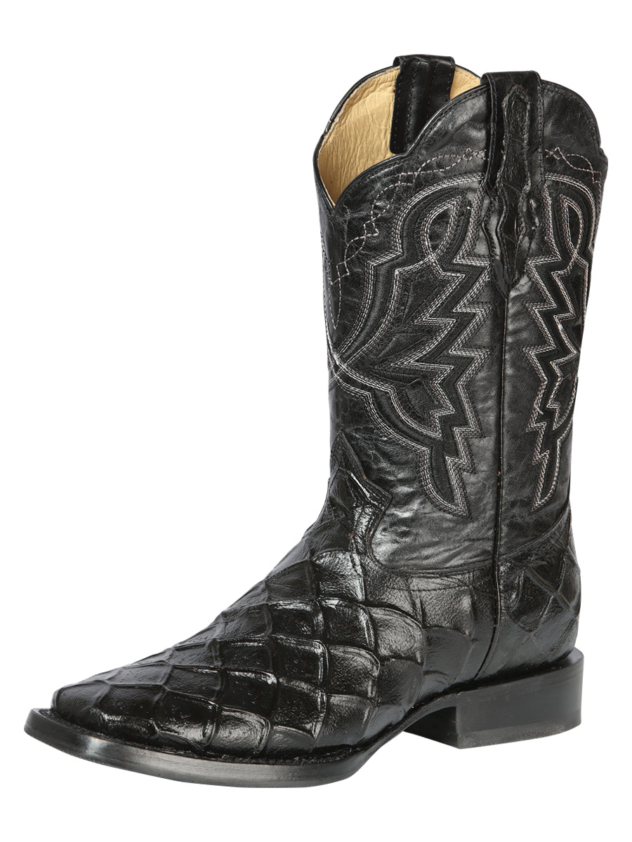 El General Men’s Leather Cowboy Boot - Made in Mexico - Embossed Pirarucu Print - Black 44663