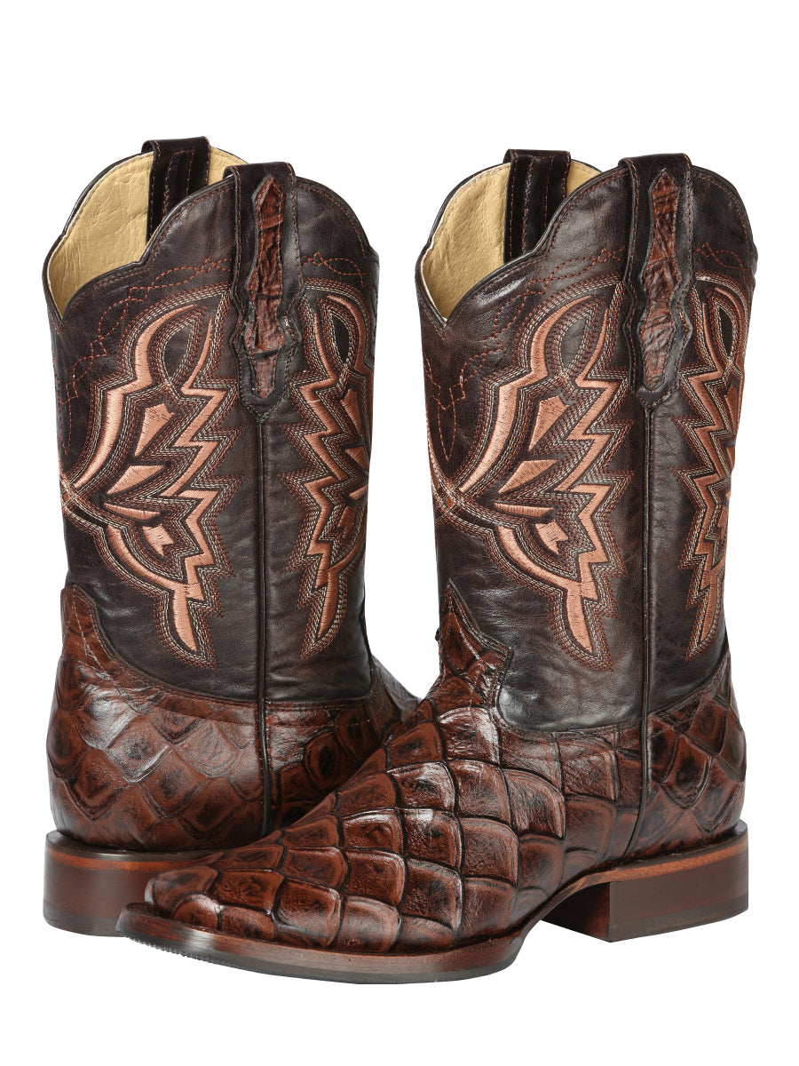 El General Men’s Leather Cowboy Boot - Made in Mexico - Embossed Pirarucu Print - Brown 44664 — view 2