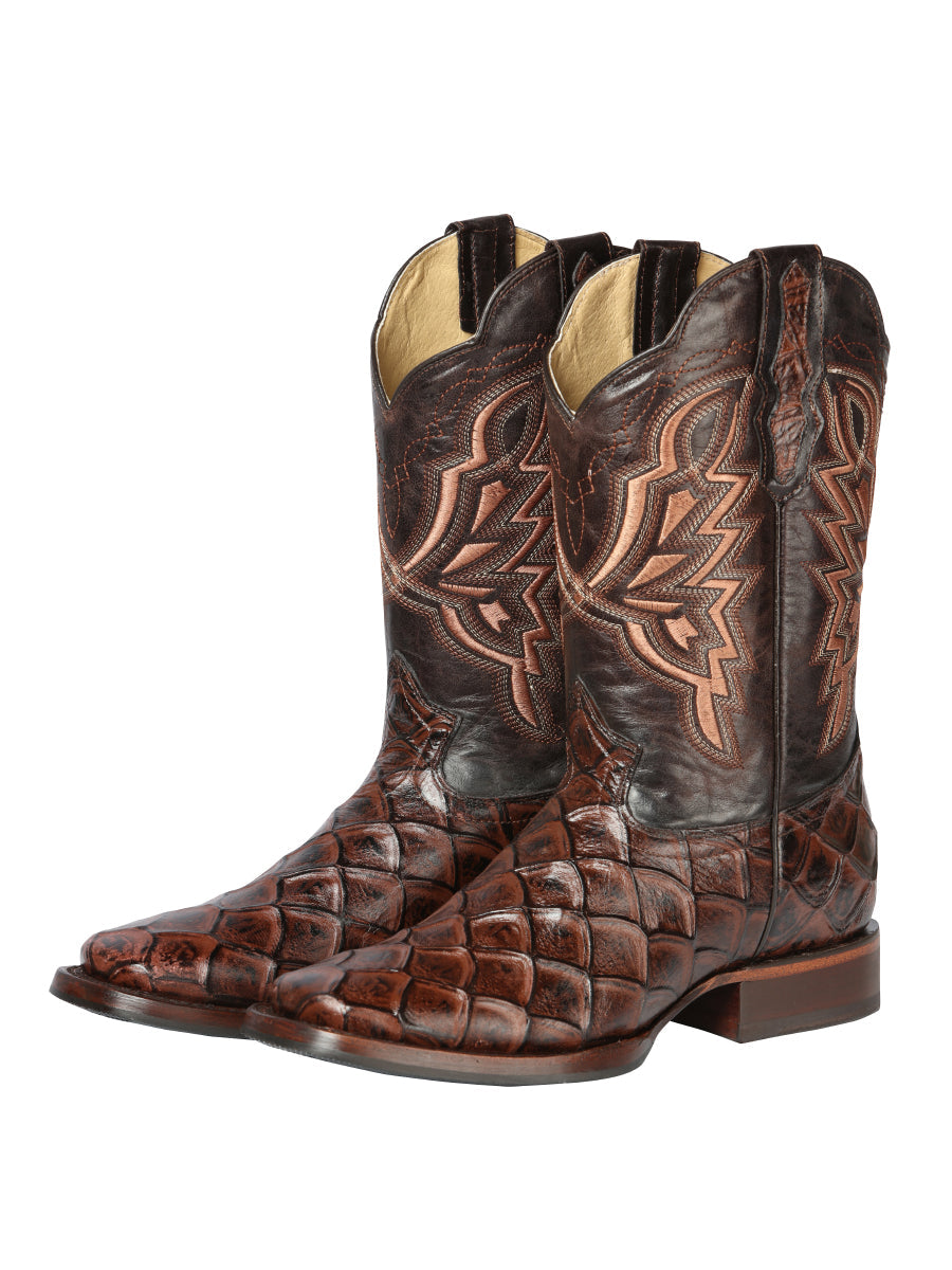 El General Men’s Leather Cowboy Boot - Made in Mexico - Embossed Pirarucu Print - Brown 44664 — view 3
