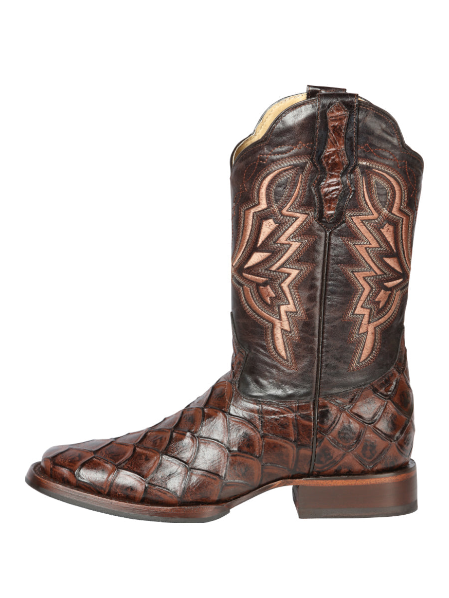 El General Men’s Leather Cowboy Boot - Made in Mexico - Embossed Pirarucu Print - Brown 44664 — view 4