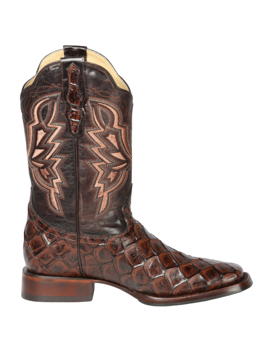 El General Men’s Leather Cowboy Boot - Made in Mexico - Embossed Pirarucu Print - Brown 44664 — view 5