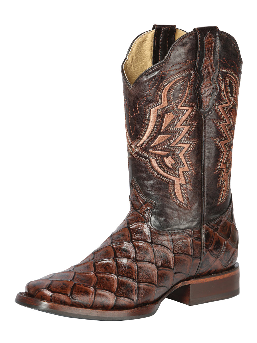 El General Men’s Leather Cowboy Boot - Made in Mexico - Embossed Pirarucu Print - Brown 44664