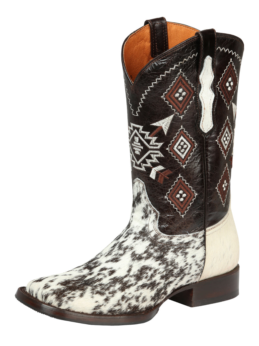 El General Men’s Leather Cowboy Boots - Made in Mexico - White & Brown Cowhide 44862
