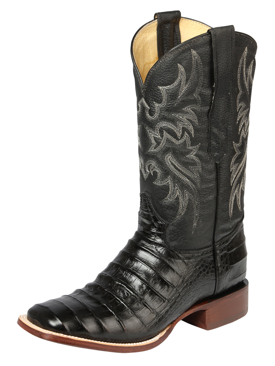 El General Men’s Leather Cowboy Boot - Made in Mexico - Embossed Caiman Belly Print - Black 44938