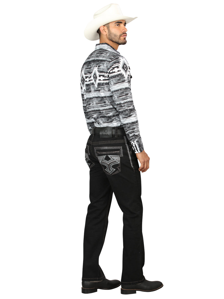Centenario Men's Black Denim with Gray Embroidered Details 45311 — view 3