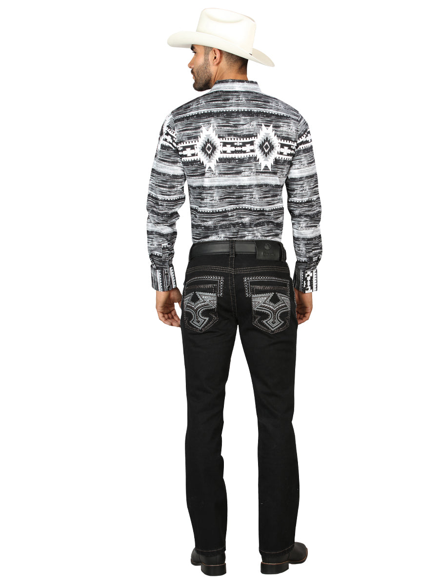 Centenario Men's Black Denim with Gray Embroidered Details 45311 — view 4