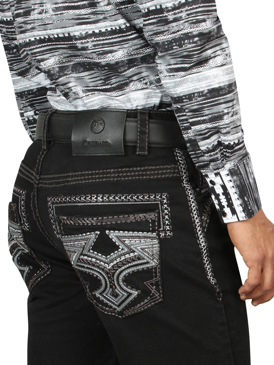 Centenario Men's Black Denim with Gray Embroidered Details 45311 — view 5