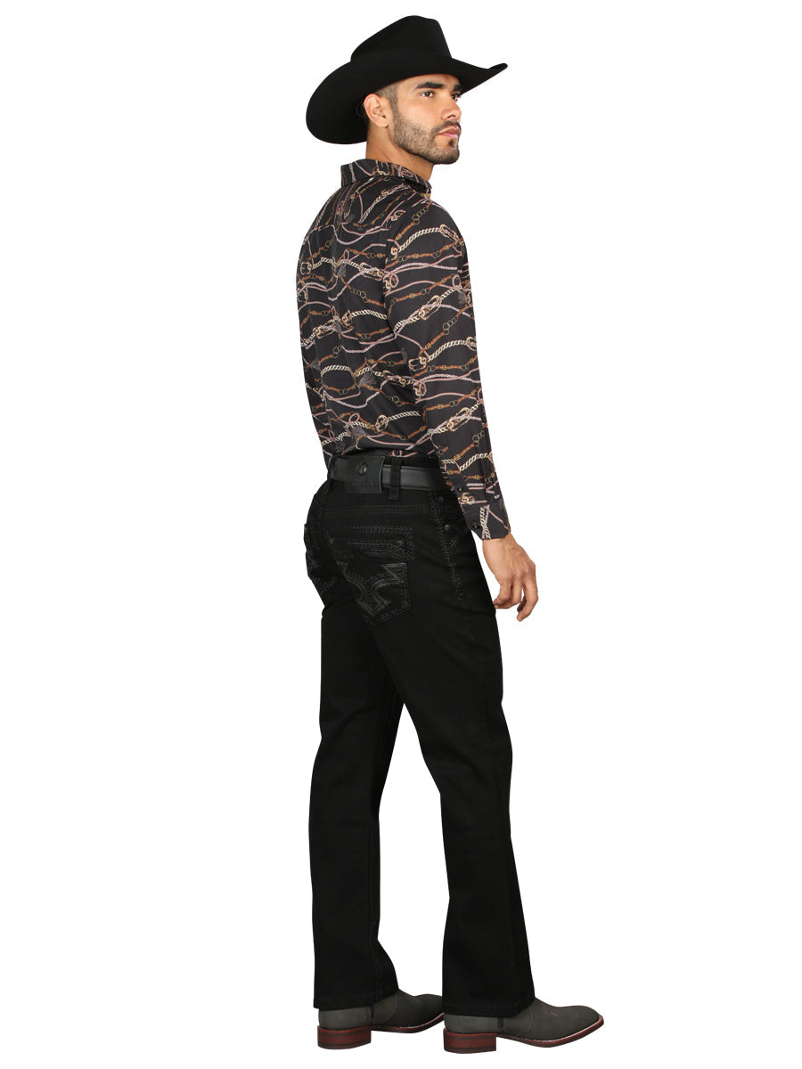 Centenario Men's Black Denim with Dark Embroidered Details 45312 — view 3