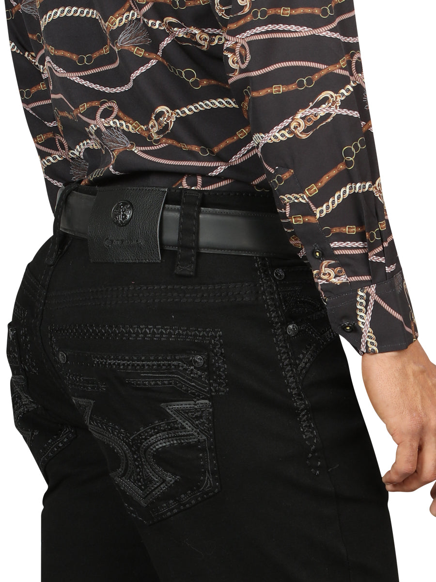 Centenario Men's Black Denim with Dark Embroidered Details 45312 — view 5
