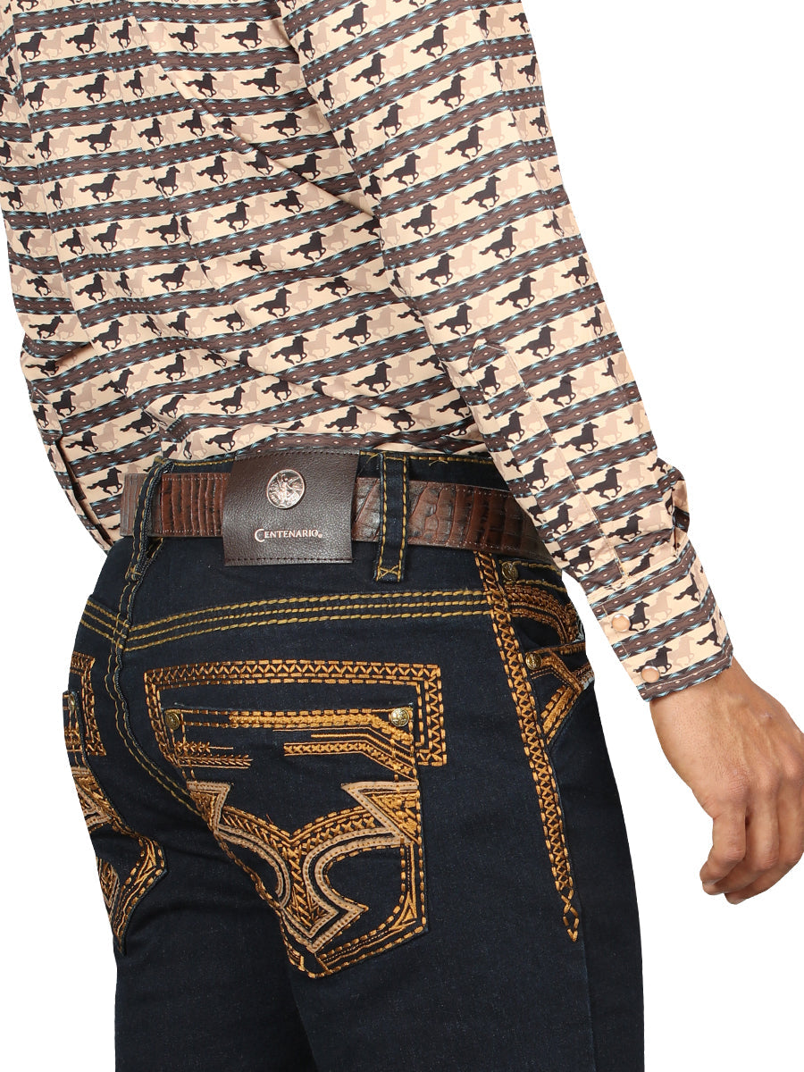 Centenario Men's Rinse Blue Denim with Gold Embroidered Details 45313 — view 5