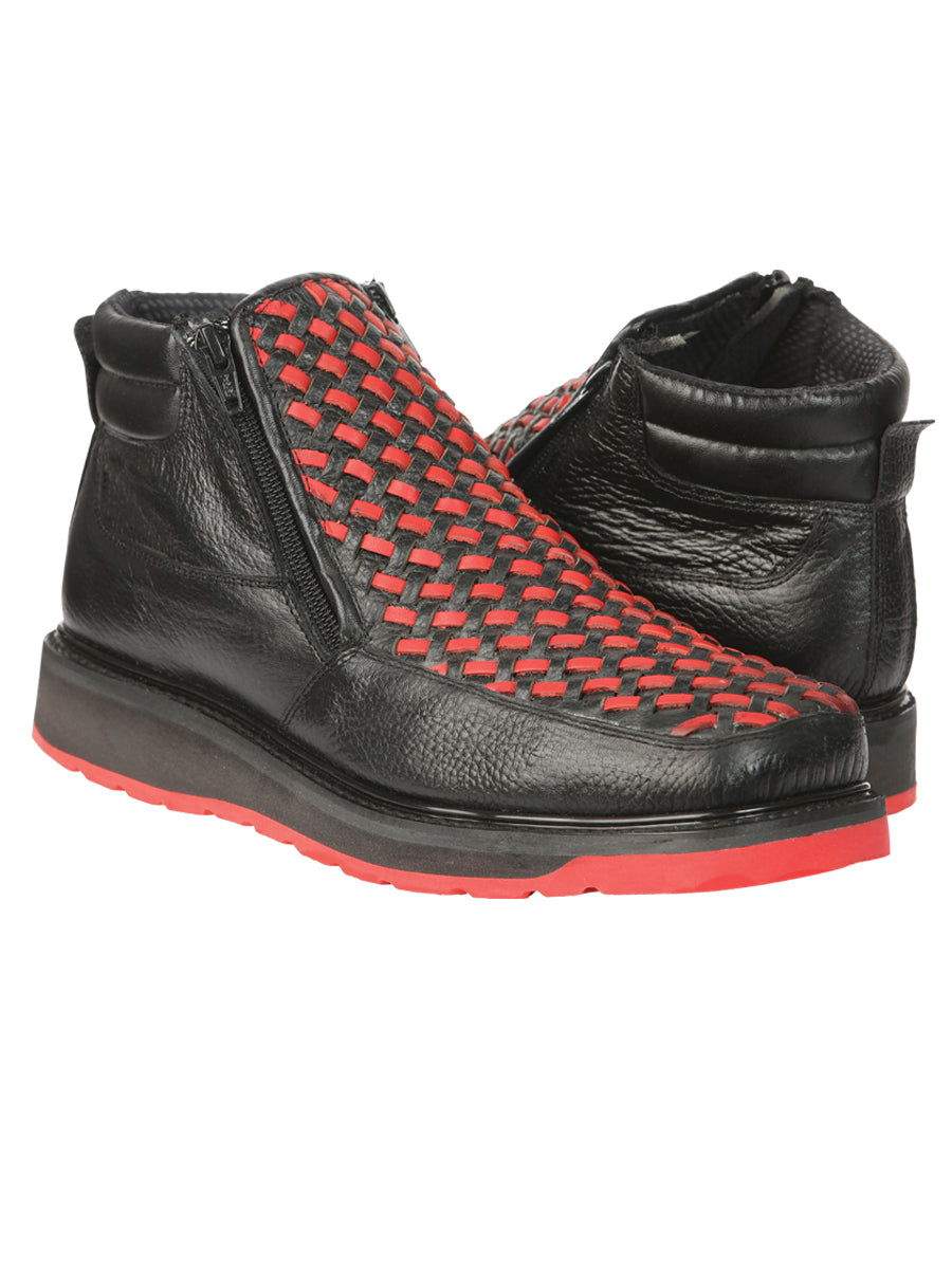 El General Men’s Ankle Boots with Zipper - Black/Red Petatillo Leather 45402 — view 2