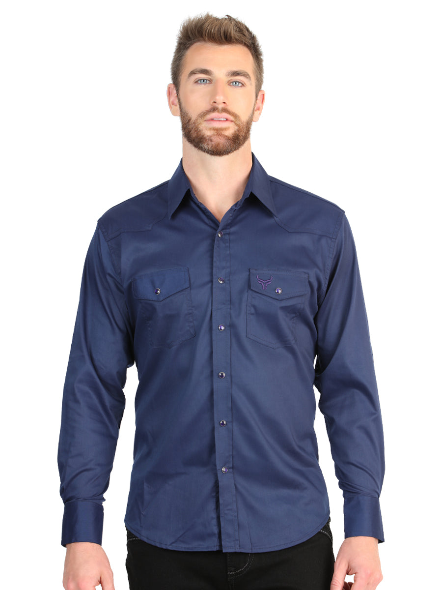 El General Men’s Long Sleeve Snap Button Western Shirt - Navy Blue 45616