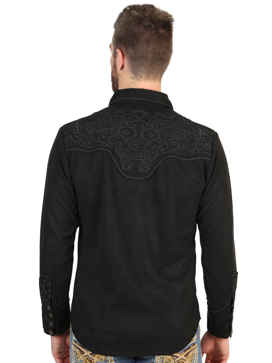 El General Men’s Suede Embroidered Snap Button Western Shirt - Black 45653 — view 2