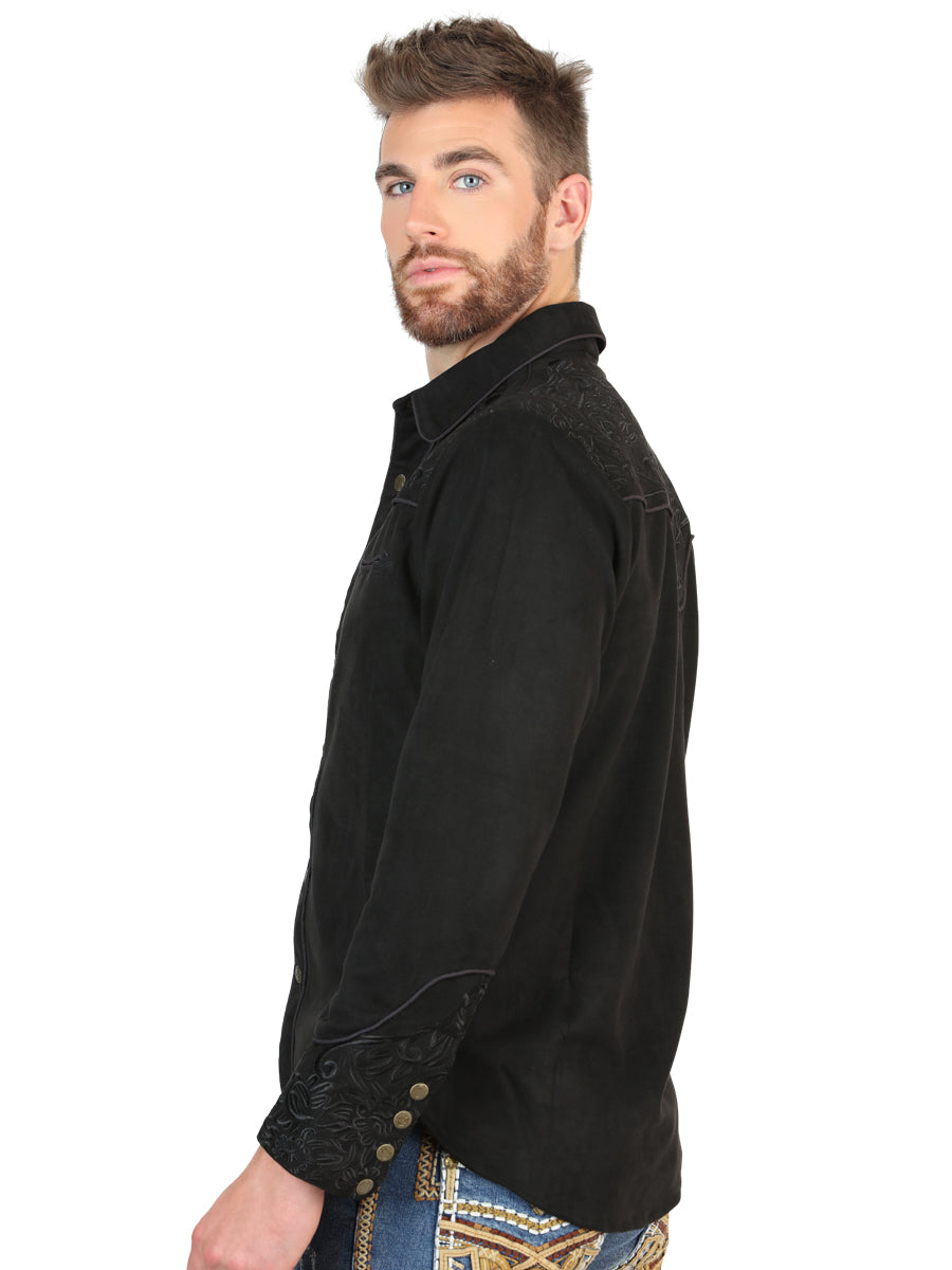 El General Men’s Suede Embroidered Snap Button Western Shirt - Black 45653 — view 3