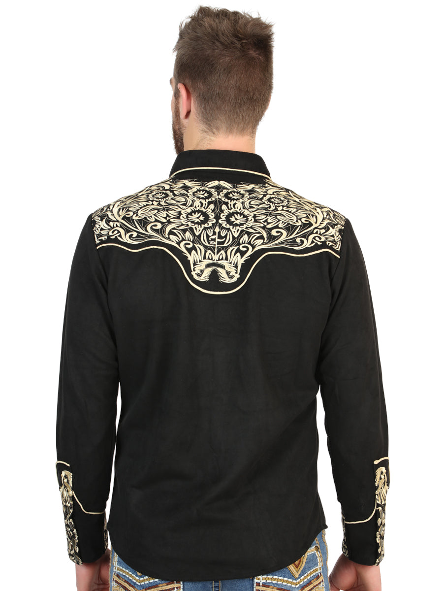 El General Men’s Suede Embroidered Snap Button Western Shirt - Black/Gold 45654 — view 3