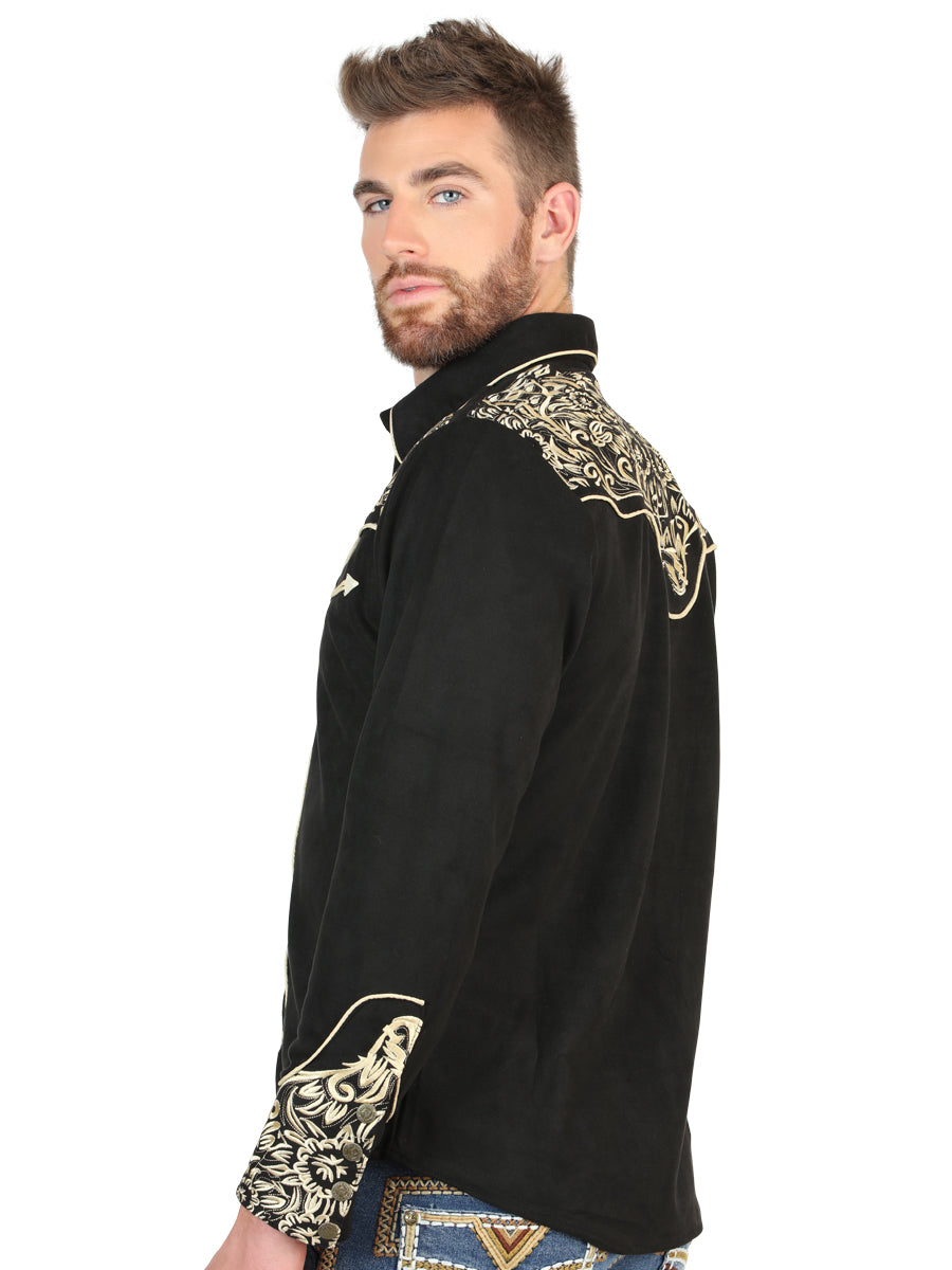 El General Men’s Suede Embroidered Snap Button Western Shirt - Black/Gold 45654 — view 4